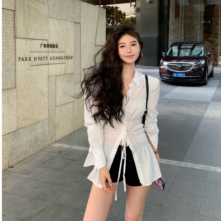 系带长袖秋季宽松型衬衫上衣时尚套装气质显瘦洋气休闲百搭短裤女