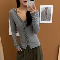【逸语服饰】2025秋季韩系ins设计感长袖V领花边打底木耳边修身上衣