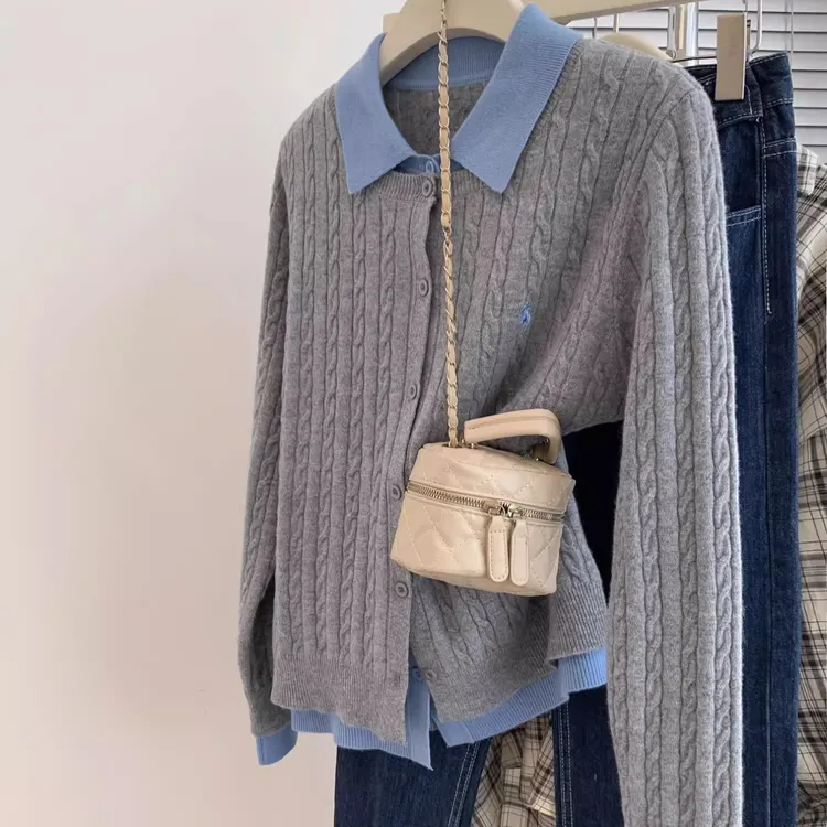 灰色polo领假两件针织开衫女春秋季新款百搭正肩针织衫毛衣外套CX
