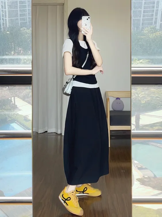 2025夏季新款韩系穿搭通勤慵懒风假两件上衣显瘦百搭半身裙两件套