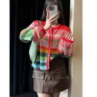 彩虹条纹上衣女显瘦毛衣秋季渐变宽松圆领开衫针织衫