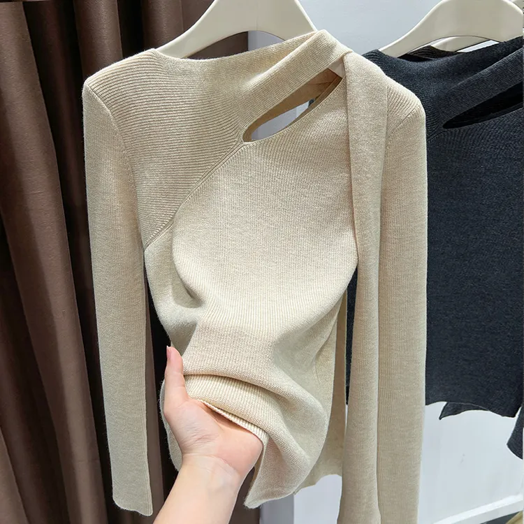 设计感镂空针织衫女秋冬季2025新款飘带挂脖打底衫修身显瘦上衣女