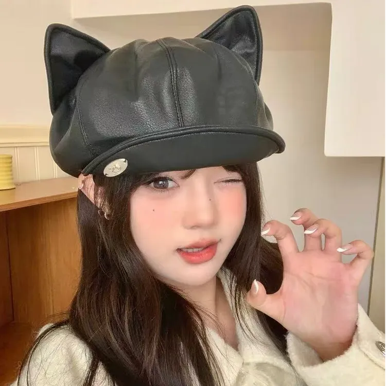 小众设计猫耳朵黑色贝雷帽女甜美可爱百搭大头围八角云朵报童帽子