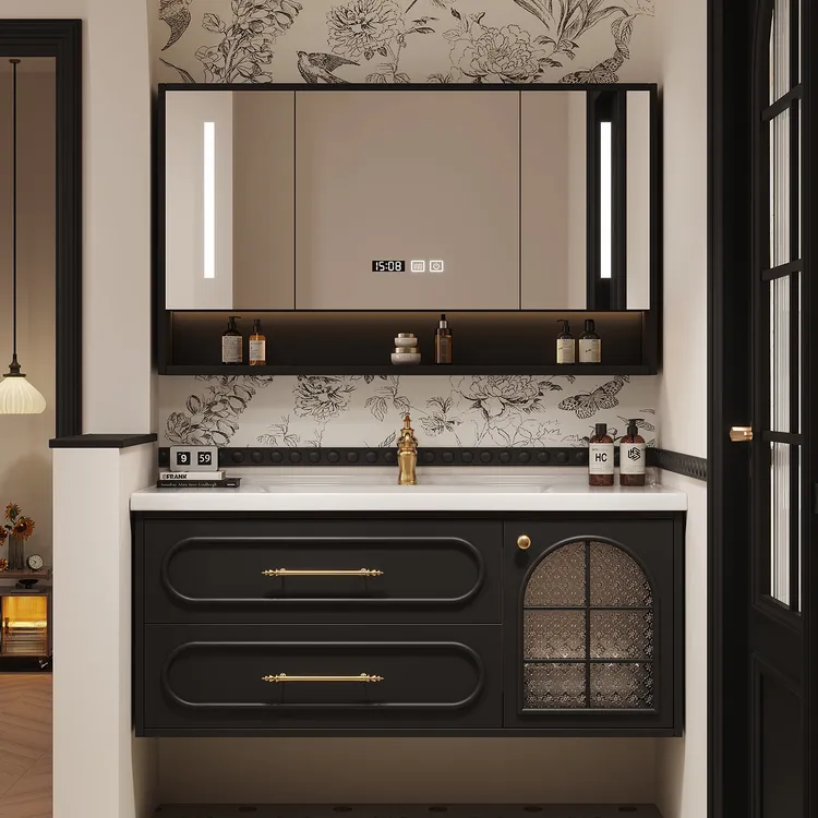 法式复古 橡木浴室柜组合法式中古陶瓷一体盆浴室柜