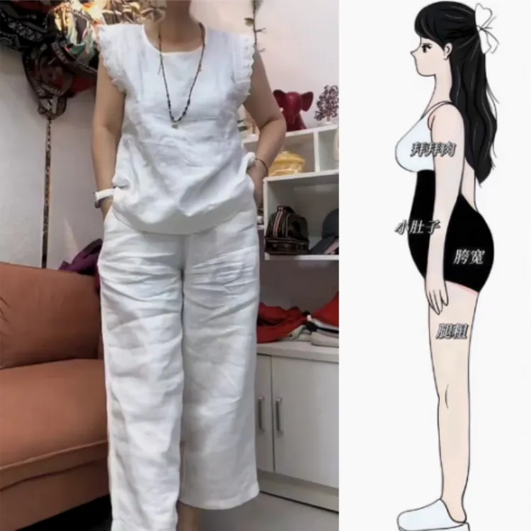 夏季女新款宽松圆领显瘦蕾丝拼接无袖上衣休闲宽松九分裤时尚套装