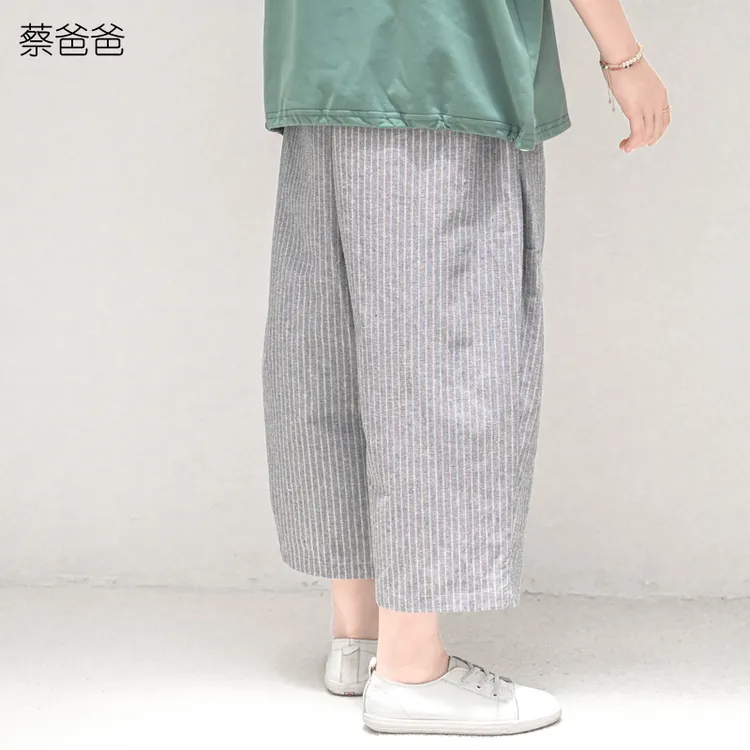 蔡爸爸童装新款洋气秋装男女大童蓝色条纹七分裤休闲裤子595+771