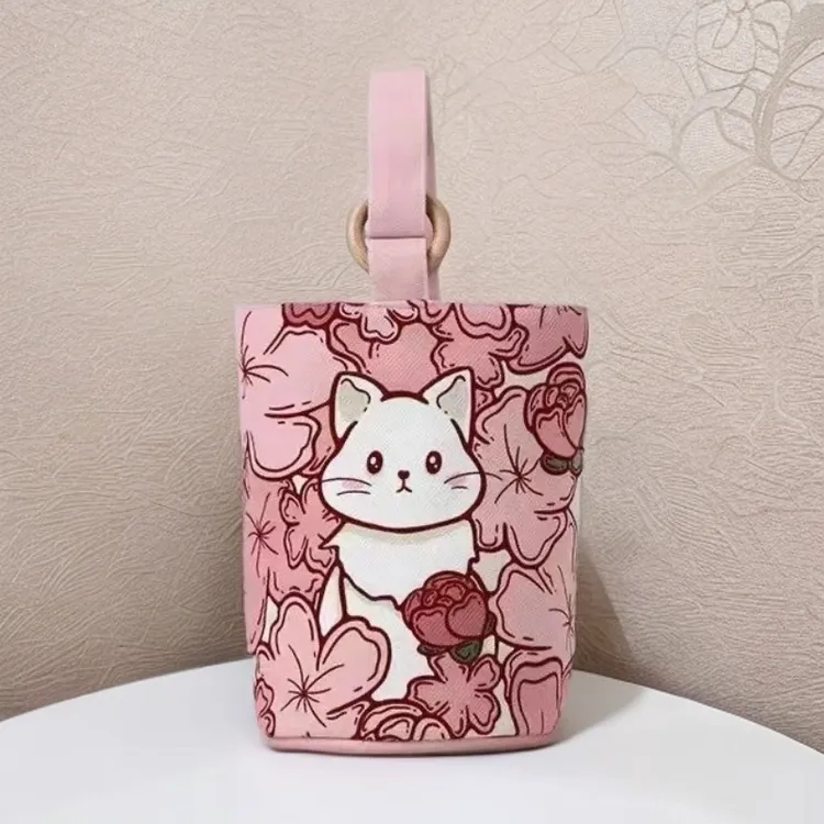 粉色猫咪卡通水桶包卡通帆布包印花随身手提包妈咪包便当外出