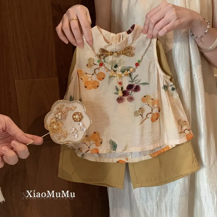 女童套装2025夏季新款新中式设计感无袖上衣背心阔腿裤汉服两件套