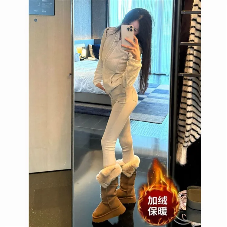  加绒白色高腰九分牛仔裤女小脚裤2025秋冬新款弹力紧身铅笔裤子