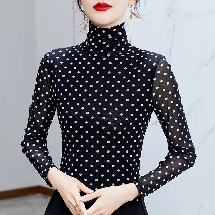 2025秋季新款波点高领网纱长袖打底衫女内搭时尚洋气T恤小衫上衣