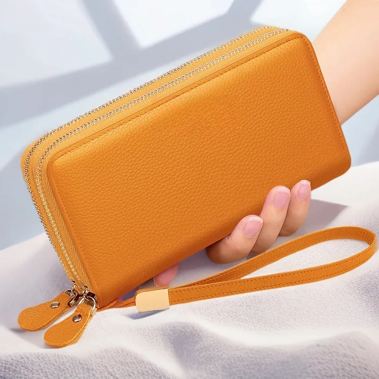 招财钱包长款男女款大容量头层牛皮双拉链皮招财钱包真皮手拿包