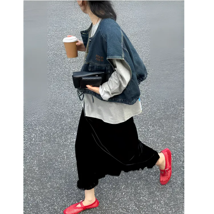 浪漫法式丝绒半身裙女2025早秋新款ins潮百搭休闲木耳边直筒长裙