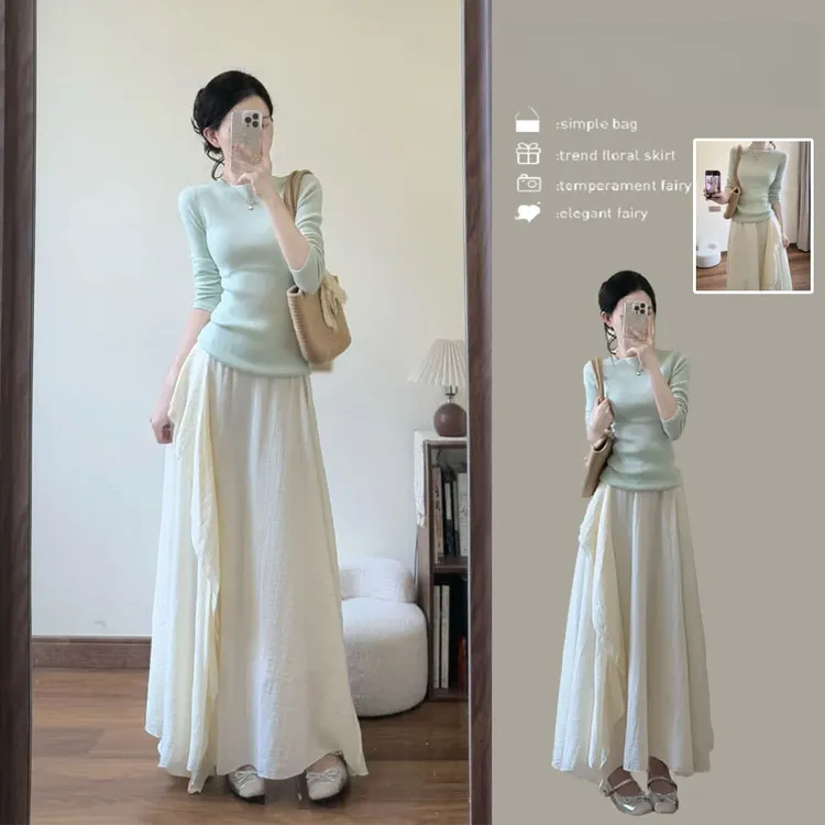 韩系穿搭一整套ootd套装女夏季绿色针织衫不规则百褶半身裙两件套