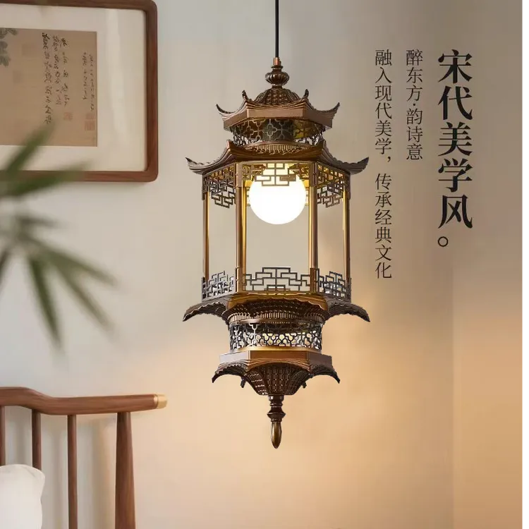宋代美学吊灯新中式仿古风格古建筑六角凉亭玄关茶室禅意吧台吊灯