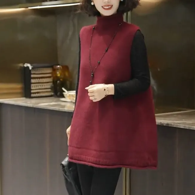 秋冬新款微胖显瘦半高领百搭打底衫搭立领无袖中长款马甲X88+H037