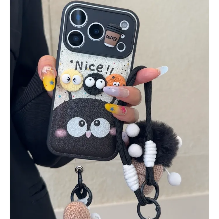 可爱毛绒煤球挂绳适用苹果17promax手机壳小米15vivo华为荣耀oppo