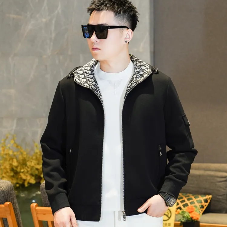 高品质夹克秋冬新款百搭男士连帽休闲黑色夹克时尚潮流外套男上衣