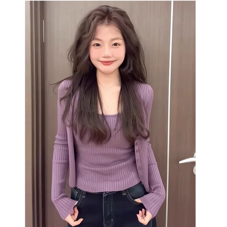 韩系纯欲针织吊带开衫两件套女早春季叠穿修身显瘦百搭外套上衣