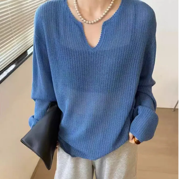 韩系设计感镂空V领针织衫女2025春夏新款宽松显瘦慵懒风防晒上衣