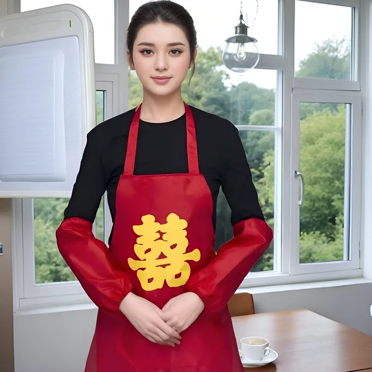 结婚定制喜庆批发婚宴袖套结婚围裙围裙厨师用婚庆防污套袖厨房