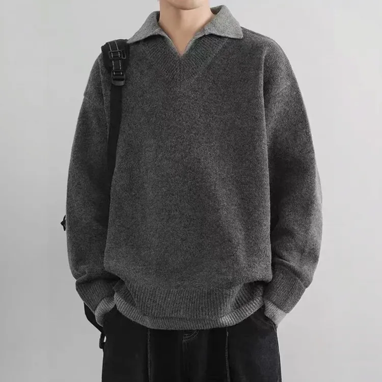 美式假两件针织衫仿羊绒毛衣男款秋冬氛围感老钱风松弛打底长袖