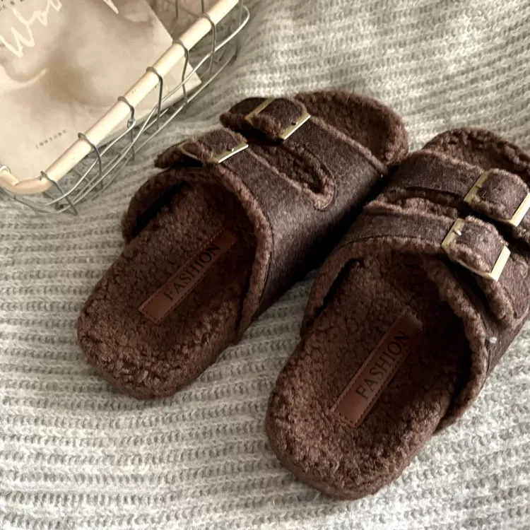 小众复古皮带扣毛毛一字拖鞋毛毛鞋秋冬新款爆火加绒保暖棉鞋女
