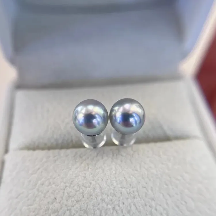 【鱼先生】77号 日本akoya灰珠真多麻海水珍珠耳钉女珍珠海水耳钉