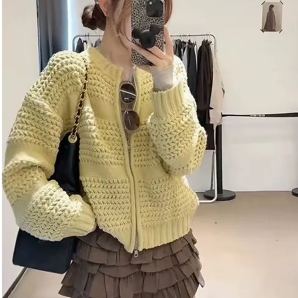 纯色慵懒风拉链粗针毛衣设计感开衫上衣2025秋冬新款高级感外套