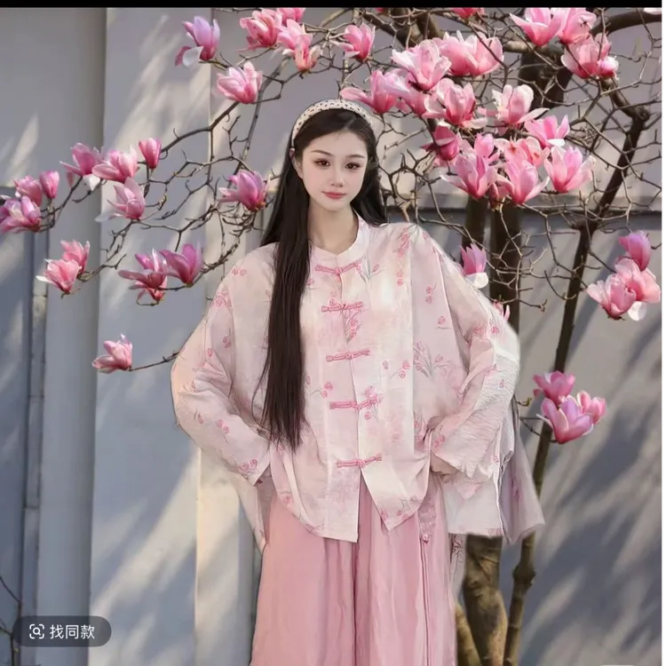 【FAFA】大码女装【桃花朵朵】新中式盘扣国风宽松上衣+短裤+长裤