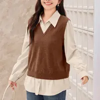 【36支迷你兔绒纱】MsShe大码女装秋风假两件撞色毛衣S~Q2508021