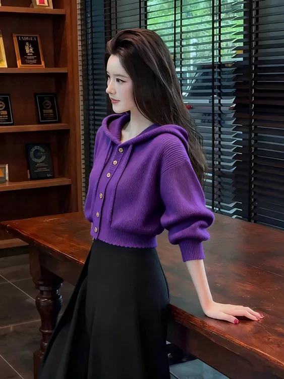 2025新款轻熟流行爆款韩系独特漂亮连帽上衣紫色针织衫毛衣女秋冬