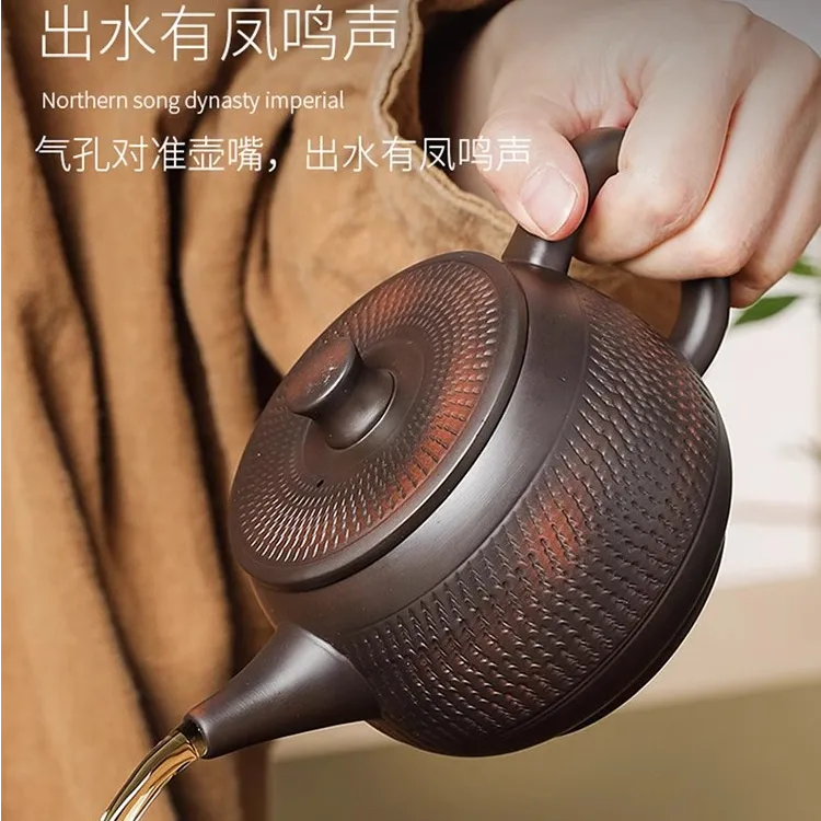 凤鸣壶云南建水紫陶全纯手工跳刀纹汉瓦壶大容量茶壶高档家用茶具