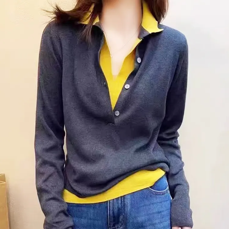 假两件POLO领针织衫上衣女早秋新款气质百搭打底V领纽扣显瘦毛衣