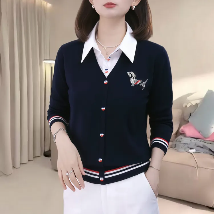 秋季新款重工小狗烫钻衬衫领假两件针织衫时尚高级感气质上衣ins