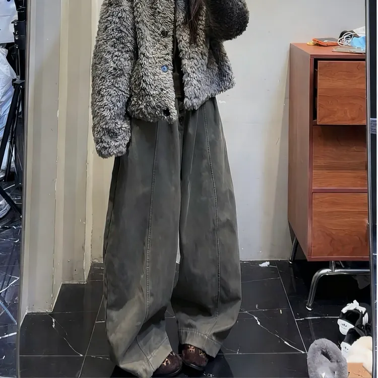 【暖绒垂阔】冬季新款美式复古牛奶丝加厚抓绒宽松阔腿裤