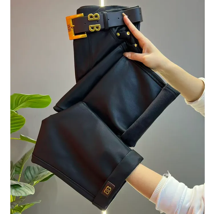 秋冬加绒蛋白pu皮裤时尚高腰显瘦直筒裤通勤小个子九分烟管靴裤女