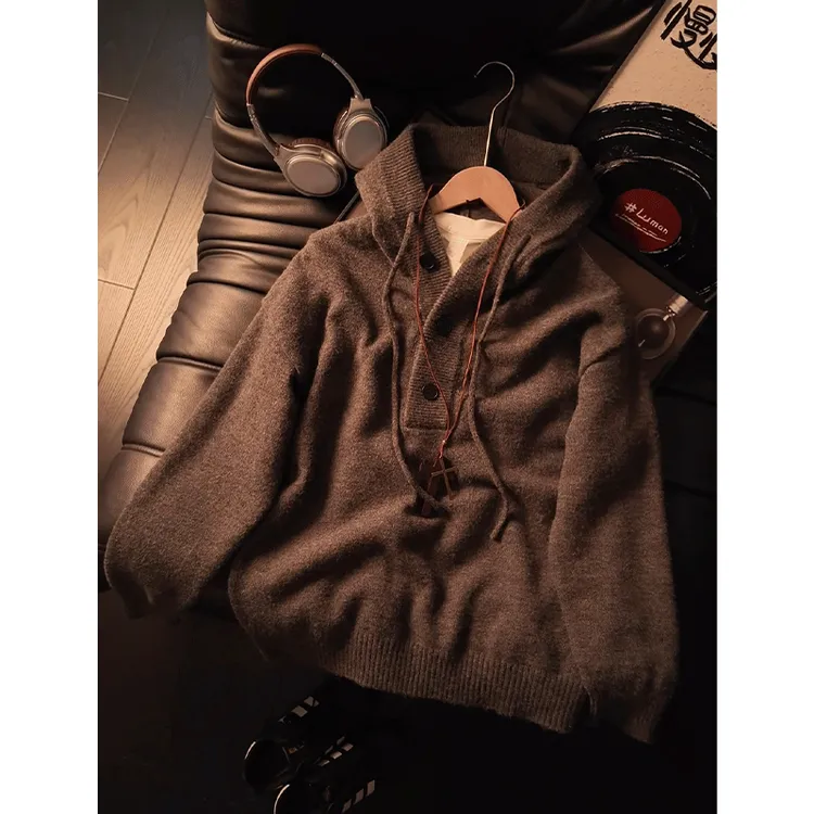 秋冬季灰色针织连帽卫衣男款宽松外穿套头线衫慵懒风休闲毛衣外套