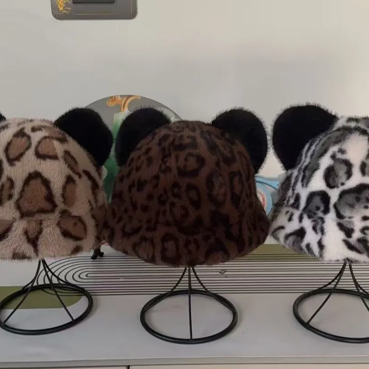 秋冬包头帽时尚无檐盆帽潮流毛绒渔夫帽加厚保暖豹纹  渔夫帽有耳