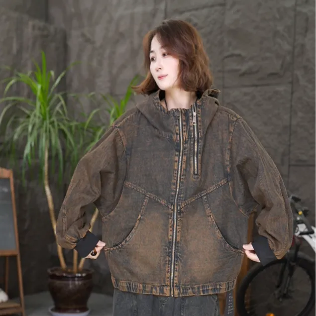 秋冬厚款长袖休闲风连帽短款女牛仔短外套百搭韩版上衣宽松