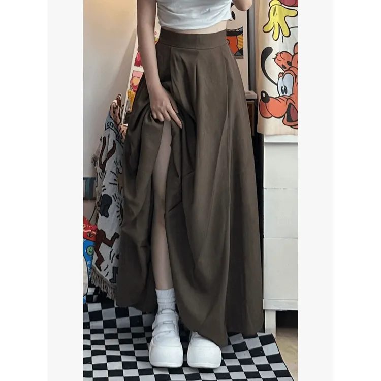 文君棕色高腰伞裙女秋冬赫本风垂感厚款西装裙潮聚酯纤维