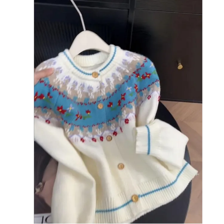 费尔岛复古提花毛衣开衫女秋天氛围感针织外套慵懒毛衫高级感上衣