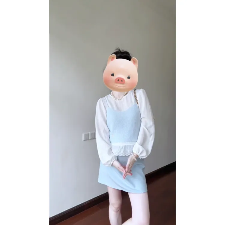 节奏曲早春韩系甜美荷叶边拼接上衣女内搭叠穿针织吊带半身裙套装