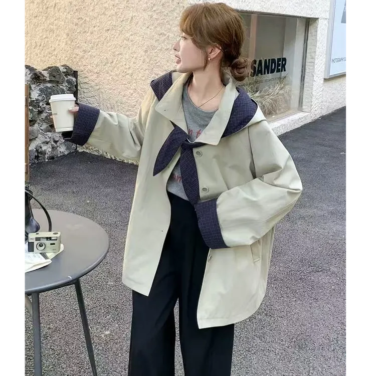 撞色格子可拆连帽风衣外套女春秋2025新款流行爆款百搭巨好看大衣