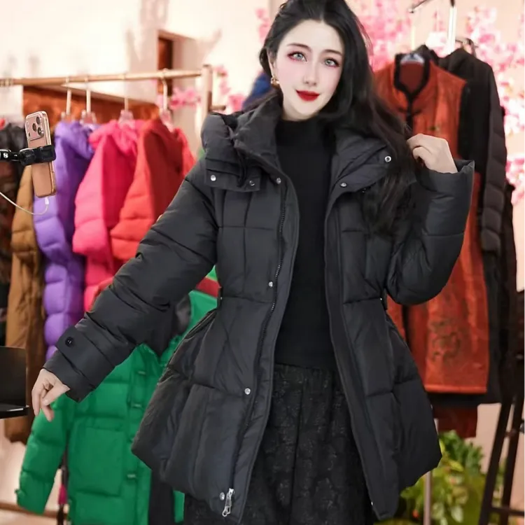 【带防风袖】2025新款棉服女中长款黑色显瘦收腰加厚小个子外套潮