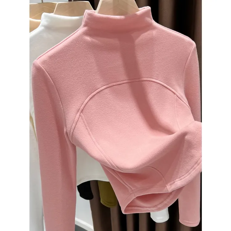 芯娇晴粉色德绒加厚打底衫女秋冬内搭修身保暖下摆弧形小立领上衣