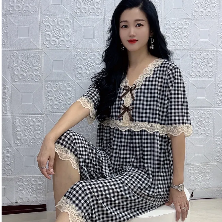 花女人8168女士洋气蕾丝夏天宽松夏季格子休闲甜美时尚家居套装