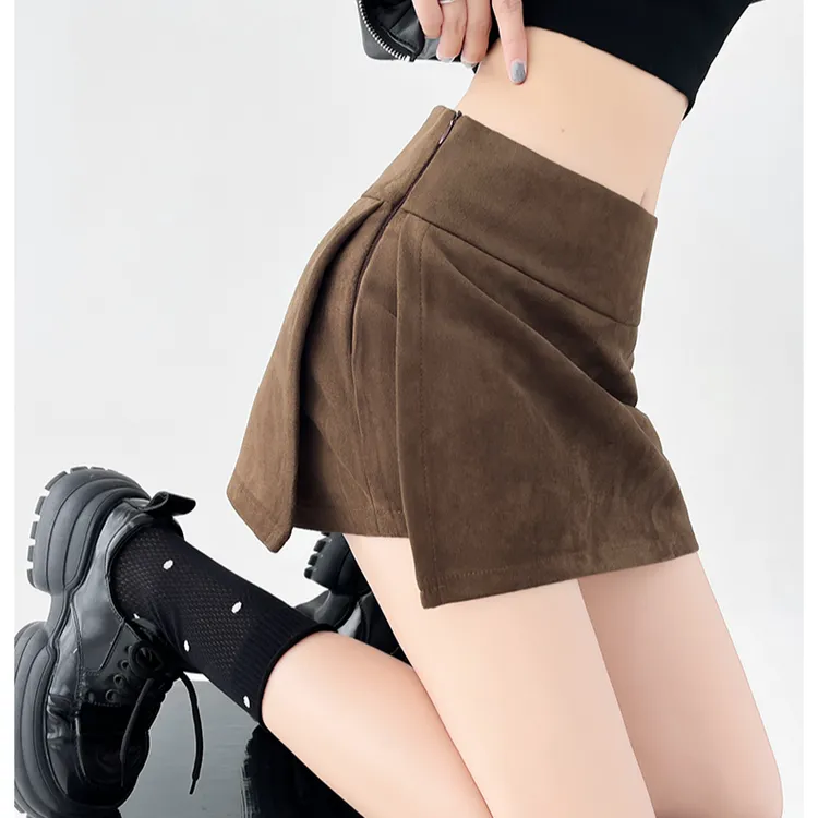 鹿皮绒半身裙复古辣妹女秋冬新款高腰显瘦侧开叉A字包臀超短裤裙