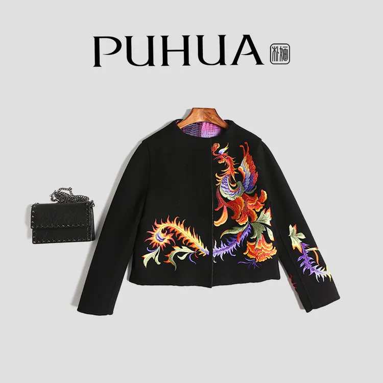 【PUHUA-朴婳】女装大衣 8903 凤凰刺绣 双面呢羊毛套装