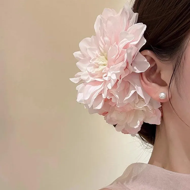 原创【粉雾絮语】超仙粉色牡丹花发夹女夏氛围感海边度假风头花配饰