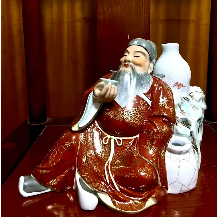 李白醉酒景德镇陶瓷梵红描金坐像太白醉酒中式古典办公室收藏摆件